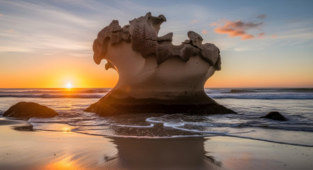 A spectacular and uniquely shaped rock formation, sculpted by wind and water erosion, stands on a sandy beach at sunset. The warm golden light of the setting sun illuminates the tafoni, with gentle ocean waves creating reflections in the wet sand.の素材
