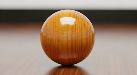 A close-up photograph of a perfect, highly polished wooden sphere resting on a matching wood-grain surface. The high-gloss finish reflects the light beautifully, highlighting the intricate and natural patterns of the wood grain.の素材