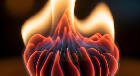 A beautiful and abstract macro photograph of a flame, showing intricate curls of red and blue at its base that rise into a smooth, warm glow of orange and yellow. The stylized image captures the mesmerizing and energetic nature of fire.の素材