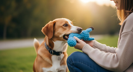 A young woman is kneeling on the grass, playfully engaging in a game of tug-of-war with her cute beagle-mix dog using a blue toy. The warm, golden hour lighting in the park creates a heartwarming scene of companionship and the bond between a pet and its owner.の素材