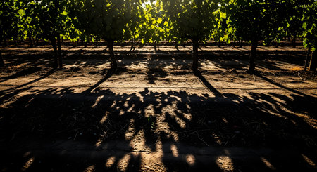 The setting sun casts long, dramatic shadows from rows of grapevines across the textured soil of a vineyard. The high-contrast lighting creates a beautiful and graphic pattern, highlighting the organized rows of the wine-growing landscape.の素材