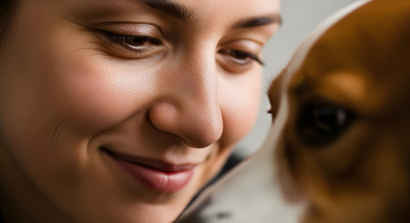 A beautiful close-up captures a tender moment between a young woman and her beloved dog. She has a gentle, loving smile on her face as she looks down at her pet, showcasing the deep bond and affection between a human and their animal companion.の素材
