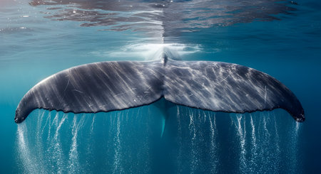 A stunning underwater photograph captures the immense tail fluke of a blue whale just below the ocean's surface. Sunlight filters through the water, illuminating the patterned skin and graceful shape of the massive tail, with streams of bubbles trailing behind. This powerful image showcases the scale and serene beauty of the world's largest animal.の素材