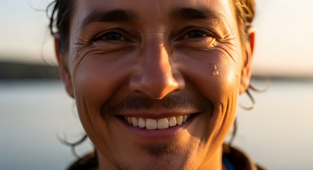 A close-up portrait of a man's face, wet with water droplets, basking in the warm golden hour light. He has a genuine, happy smile and crinkles around his eyes, conveying a sense of joy, health, and satisfaction after swimming or exercising outdoors.の素材