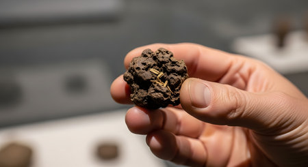 An archaeologist's hand holds a small clod of earth, which is a coprolite (fossilized dung) artifact. Visible pieces of ancient straw or plant matter within the specimen provide valuable scientific information about past diets and environments.の素材