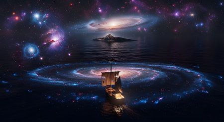 A breathtaking and surreal fantasy landscape where a lone wooden sailing ship navigates an ocean whose surface is a swirling spiral galaxy. The night sky above is filled with more nebulae and galaxies, creating an epic scene of cosmic exploration and imagination.の素材