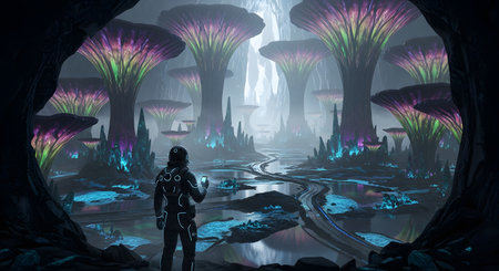 An astronaut in a futuristic suit stands at the entrance of a vast cave on an alien planet, looking at a breathtaking landscape of giant, bioluminescent mushrooms and glowing crystals. The sci-fi scene evokes a sense of exploration, discovery, and otherworldly wonder.の素材