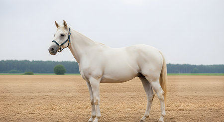 An elegant and majestic white horse stands proudly in a harvested golden field under an overcast sky. The beautiful equine's powerful physique and calm demeanor are the focus of this serene, rural landscape shot.の素材