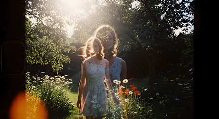 A dreamy and nostalgic photograph, shot on film, captures a young woman in a sun-drenched garden of wildflowers. A creative double exposure technique creates a ghostly, ethereal second image of her, evoking themes of memory, dreams, and the passage of time. The vintage aesthetic, with light leaks and film grain, adds to the sentimental mood.の素材
