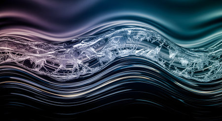 A dynamic and abstract macro image captures a moment of transformation as a flowing wave of water freezes into intricate, sharp ice crystals. The contrast between the smooth, dark liquid and the textured, crystalline ice creates a beautiful and powerful visual of the states of matter.の素材