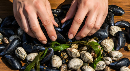 A top-down view of a person's hands sorting through a pile of fresh, raw mussels and clams on a wooden surface in bright sunlight. The scene represents fresh seafood, food preparation, and harvesting from the sea.の素材
