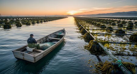 A fisherman in a small wooden boat tends to his nets at a large mussel or oyster farm during a beautiful, calm sunrise. The neat rows of buoys and seaweed-covered ropes stretch to the horizon, representing aquaculture, fishing, and a traditional way of life.の素材
