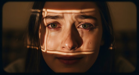 A dramatic and emotional close-up of a young woman's face with tears in her eyes, looking directly at the camera. A stark pattern of light and shadow is cast across her face, symbolizing a feeling of being trapped, confined, or in despair.の素材
