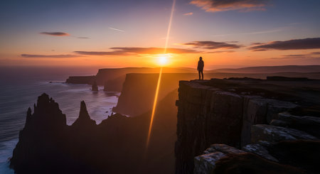 The silhouette of a lone person stands on the edge of a precipitous cliff, contemplating the majestic sunset over the ocean. The dramatic landscape and vastness of the scene evoke feelings of solitude, freedom, and awe-inspiring natural beauty.の素材