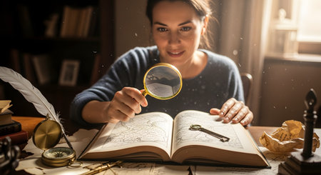 A curious woman in a dimly lit study uses a magnifying glass to closely examine an ancient map in a large, old book. Surrounded by historical objects, she is on a quest for discovery, solving a mystery or planning an adventure.の素材