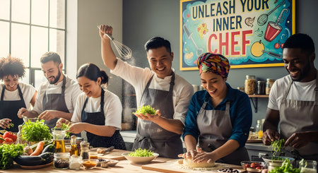 A diverse and happy group of people are having fun together in a bright, modern kitchen during a cooking class. A sign on the wall reads 'UNLEASH YOUR INNER CHEF,' creating an inspiring and joyful atmosphere of learning, teamwork, and culinary passion.の素材
