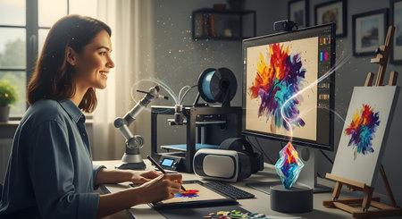 A happy female artist works in a futuristic creative studio, seamlessly moving her colorful abstract design from a graphics tablet to a computer and canvas. Her workspace, equipped with a 3D printer and VR headset, represents the fusion of digital and traditional art.の素材