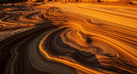 The beautiful, flowing patterns of a sandstone rock formation are illuminated by the warm, golden light of sunset. The smooth, wavy lines and layers of colored rock create a stunning and surreal natural abstract landscape, like 'The Wave' in Arizona.の素材