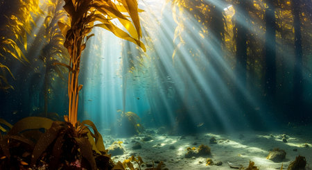 A breathtaking underwater photograph captures a serene kelp forest, with tall strands of kelp reaching towards the surface. Dramatic, ethereal sunbeams pierce through the clear blue water, illuminating the sandy ocean floor and schools of tiny fish. This beautiful image showcases the magical and tranquil world of a thriving marine ecosystem.の素材