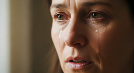 An intense and emotional close-up of a middle-aged woman's face, showing her actively crying with tears streaming down her cheeks. Her sorrowful eyes and pained expression powerfully convey deep sadness, grief, and emotional distress. The image is a raw and moving depiction of human vulnerability.の素材