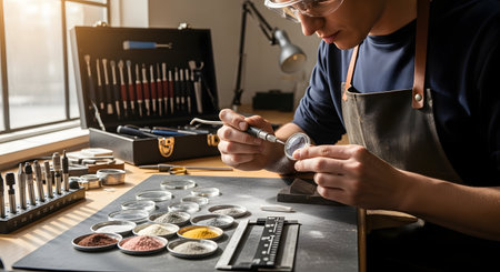 A focused craftsman, wearing an apron and safety glasses, meticulously works on a small lens or gemstone with a precision tool in his brightly lit workshop. Surrounded by a full toolkit and trays of materials, the scene highlights the incredible skill and detail required in watchmaking or jewelry creation.の素材