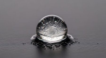 A beautiful, artistic macro photograph shows a single, clear water droplet on a dark gray surface, filled with an intricate, starburst-like pattern of tiny air bubbles. The simple, elegant composition highlights the complex beauty found in the simplest of natural elements.の素材