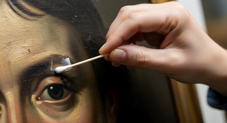 In a detailed close-up, the hand of an art restorer is shown meticulously cleaning the surface of a valuable old master painting with a solvent-tipped cotton swab. This delicate and precise work, focusing on the figure's eye, highlights the skilled craft of art conservation and preservation.の素材