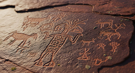 A close-up photograph of ancient petroglyphs carved into a red rock face, depicting a shamanistic figure with antlers and various animals. This historical rock art provides a fascinating glimpse into the beliefs and culture of a prehistoric civilization.の素材