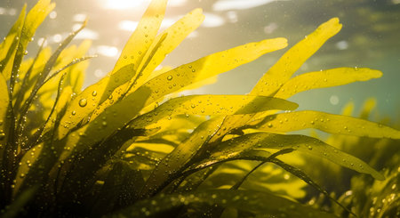 A beautiful close-up of vibrant yellow-green seaweed underwater, with its leaves bathed in sunlight. Tiny oxygen bubbles from photosynthesis cling to the fronds, highlighting the life and beauty of this marine plant.の素材