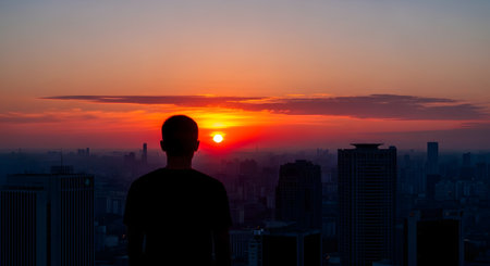 The silhouette of a man stands on a high viewpoint, looking out at a vast city skyline as the sun sets in a fiery orange and red sky. This contemplative scene evokes a sense of peace, solitude, and ambition while observing the sprawling urban landscape below.の素材