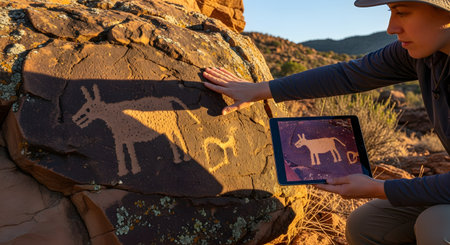 A female archaeologist or researcher kneels in a desert landscape, carefully comparing an ancient petroglyph of an animal on a large rock with a photograph of it on her tablet. The evening sun illuminates the scene, highlighting the use of modern technology to study and document historical artifacts. This image represents research, history, and discovery.の素材