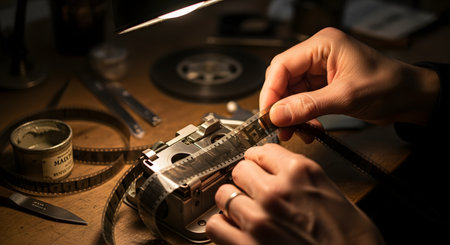 An archivist's or film editor's hands are shown carefully threading a strip of 35mm motion picture film through a vintage splicer machine on a wooden desk. The atmospheric, dimly lit scene evokes the nostalgia and hands-on craft of traditional, analog filmmaking and film preservation.の素材