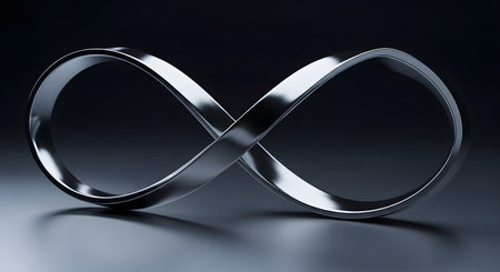 A sleek and modern infinity symbol, made of dark, polished metal, is displayed on a reflective surface against a dark background. The elegant 3D render represents concepts of eternity, endlessness, and modern design.の素材