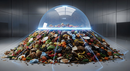 In a futuristic laboratory, a large pile of organic food waste is being analyzed under a glowing blue energy dome. This conceptual image represents advanced scientific research and technological solutions for waste management, decomposition, and creating a circular economy.の素材