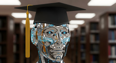 A chrome humanoid robot with glowing blue circuitry on its face is wearing a black graduation cap with a gold tassel. This conceptual image, set in a library, represents the future of education, the success of machine learning, and the graduation of an artificial intelligence.の素材