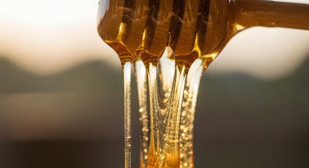 A wooden honey dipper is lifted, and thick, golden honey glistens as it drips in viscous strands, beautifully backlit by the warm light of the setting sun. This delicious macro close-up captures the rich, sweet, and sticky texture of pure, natural honey.の素材