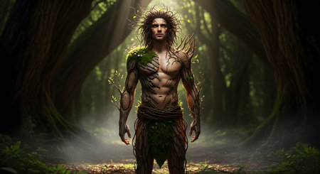A powerful fantasy illustration of a male nature spirit standing in an enchanted forest. His body is a fusion of human muscle and ancient tree, with bark, moss, and vines growing from his skin, representing a deep, primal connection to nature.の素材