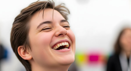A candid, joyful portrait of a young person with short hair laughing heartily with their eyes closed. The bright, natural lighting and genuine expression capture a pure moment of happiness and carefree laughter.の素材