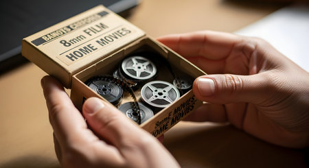 A person's hands are shown carefully opening a small, vintage cardboard box containing old 8mm home movie film reels. This nostalgic image evokes feelings of personal history, family memories, and the charm of preserving moments on analog film.の素材
