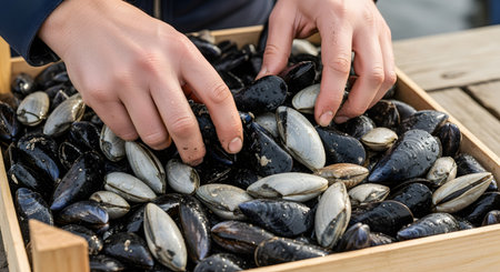 A close-up shot shows a fisherman's or chef's hands sorting through a wooden crate filled with freshly harvested mussels and clams. The wet shellfish glisten, ready to be prepared for a delicious seafood meal. The image represents fresh seafood, aquaculture, and the fishing industry.の素材