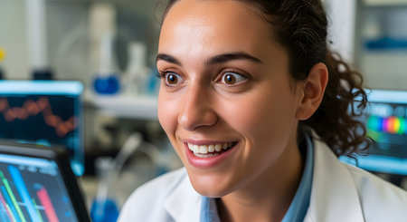 A close-up portrait of a young female scientist in a lab coat, her face lit up with a wide-eyed smile of excitement and discovery. The modern laboratory setting with computer screens in the background suggests a breakthrough in her research.の素材