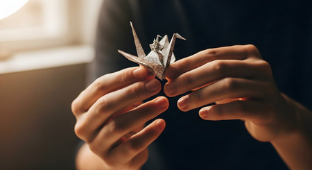 A person's hands gently hold a complex and beautifully folded origami paper crane. The warm, soft light highlights the intricate details and crisp folds of the paper art. The image represents creativity, patience, hope, and the delicate art of origami.の素材