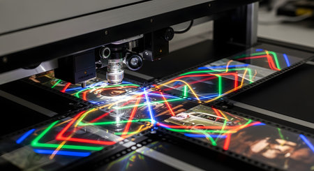 A state-of-the-art film scanner is shown in the process of digitizing strips of old 35mm photographic film, with colorful lights reflecting on their surface. The image represents the crucial work of film preservation, archiving, and the conversion of analog memories into a modern digital format.の素材