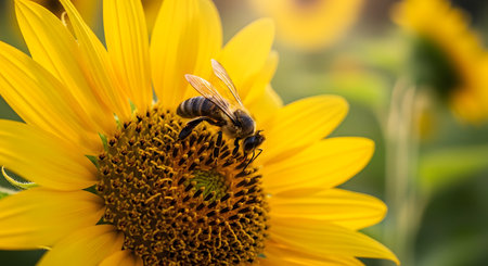 A detailed macro photograph of a honeybee collecting pollen from the center of a bright yellow sunflower. The warm, soft lighting highlights the intricate details of both the insect and the flower, celebrating the beauty of nature and the importance of pollinators.の素材