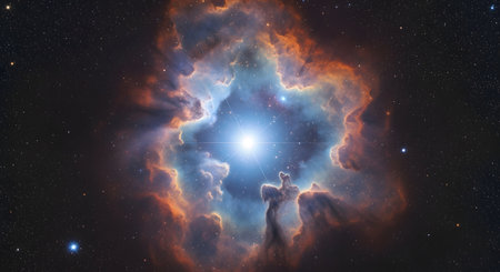 A breathtaking photograph of the NGC 6164 nebula, also known as the Dragon's Egg Nebula, in deep space. A brilliant, hot blue star shines brightly at its center, surrounded by beautiful clouds of glowing blue and orange gas and dust against a star-filled background.の素材