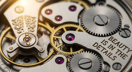 An extreme macro photograph reveals the intricate and beautiful inner workings of a luxury watch movement, with the quote 'BEAUTY IS IN THE DETAILS' engraved on a component. The complex arrangement of gears and jewels showcases the marvel of precision engineering.の素材
