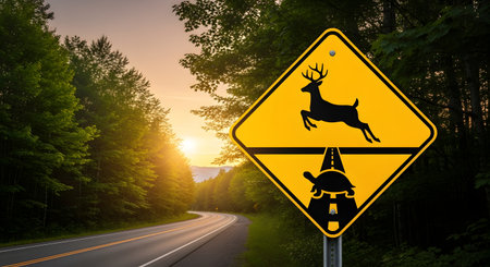 A humorous and conceptual road sign on a scenic country road at sunrise depicts two types of wildlife crossings: a fast-leaping deer and a slow-moving turtle. This clever sign playfully illustrates concepts of speed, different paces of life, and choices.の素材