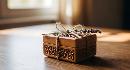 A small, beautifully carved wooden box, tied with simple twine and a sprig of dried lavender, sits on a table in soft window light. This charming and rustic still life evokes feelings of nostalgia, handmade gifts, and cherished keepsakes.の素材