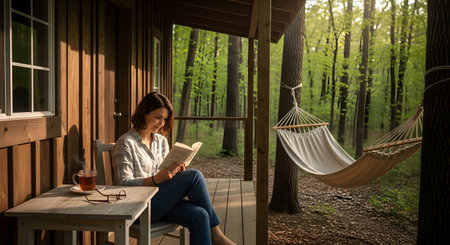 A woman enjoys a peaceful retreat, reading a book and sipping tea on the porch of a rustic wooden cabin nestled in the woods. With a hammock nearby, the scene perfectly captures a tranquil, slow-living lifestyle.の素材