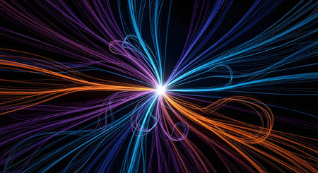 A vibrant and energetic abstract image shows hundreds of colorful lines of light exploding from a bright central point against a dark, starry background. The flowing, curved trails in shades of orange, blue, and purple create a powerful sense of high-speed motion, data transfer, or a cosmic event. This is a perfect visual for concepts related to technology, energy, and the universe.の素材